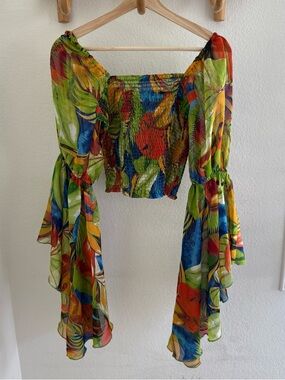 Live 4 Truth tropical Smocked Bell flare Sleeve Crop Blouse resort size M